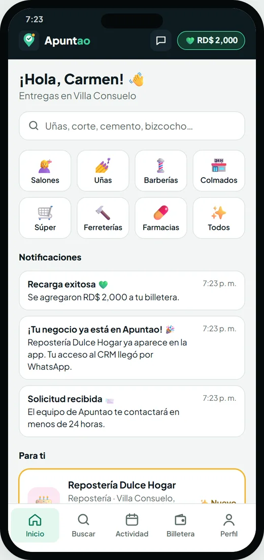 App Apuntao: categorías de negocios, billetera y notificaciones